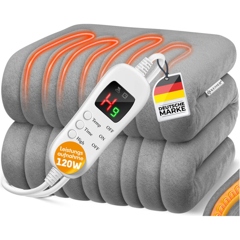 Heizdecke aus Plüsch tüv süd gs geprüft elektrische Wärmedecke mit Timer Abschaltautomatik Kuscheldecke 9 Temperaturstufen & waschbar Hellgrau / 180