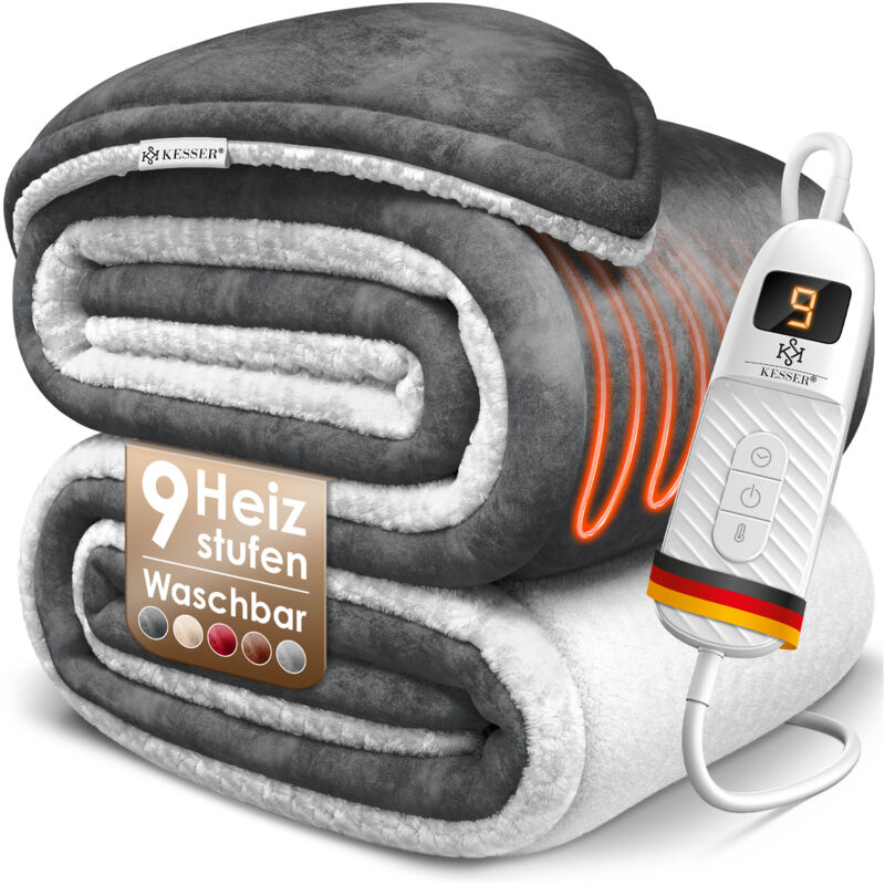 Heizdecke mit Abschaltautomatik Doppelseitig Elektrische Wärmedecke Kuscheldecke Bett Sofa 9 Temperaturstufen & waschbar bis 40°C mit Timer Anthrazit