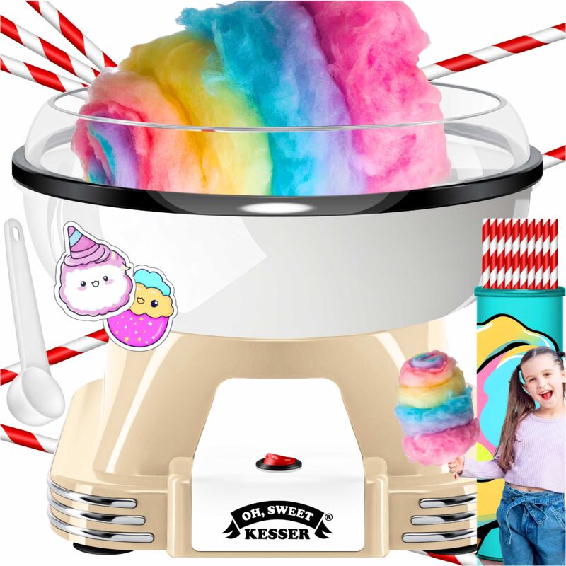 KESSER® Zuckerwattemaschine Set für dein zuhause - Mit 30x Zuckerwatte Stäbchen & Messlöffel - Retro Cotton Candy Maschine - Zuckerwatte Maschine