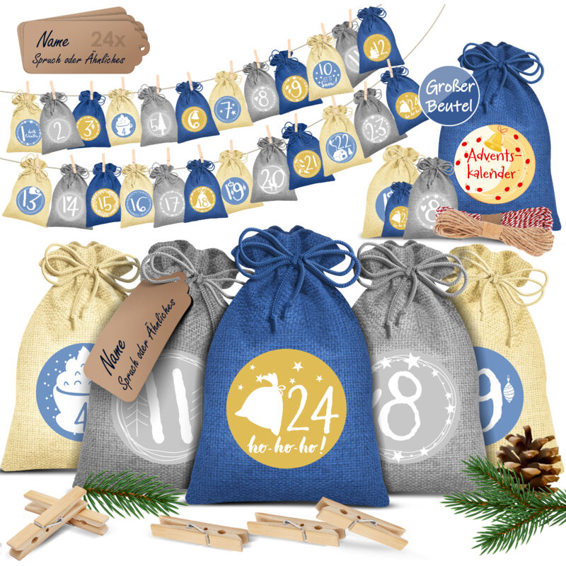 Adventskalender zum Befüllen 24 Jutebeutel Gedruckte Stoffbeutel Kinder Weihnachtskalender zum Selber Befüllen Inkl. 24x Schildchen Blau / 16x12cm