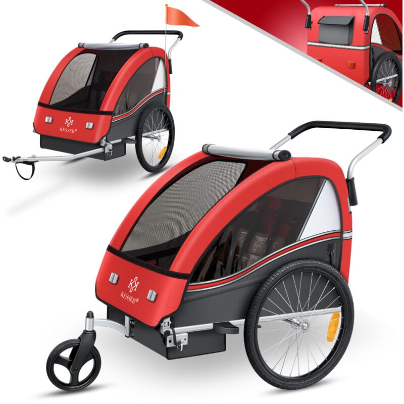 Kinderanhänger Fahrradanhänger Sport-RX 2 in 1 Joggerfunktion Kinderfahrradanhänger + 5-Punkt Sicherheitsgurt 360°-Vorderrad Jogger Buggy Rot - Kesser