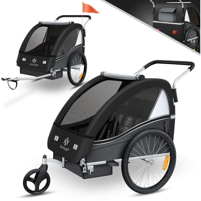 Kinderanhänger Fahrradanhänger Sport-RX 2 in 1 Joggerfunktion Kinderfahrradanhänger + 5-Punkt Sicherheitsgurt 360°-Vorderrad Jogger Buggy Schwarz