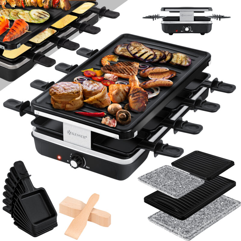 KESSER® Raclette-Grill mit Naturgrillstein Grillplatte Tischgrill für 8 Personen Elektrogrill Raclette Grill antihaftbeschichteter Grillplatte Schwarz
