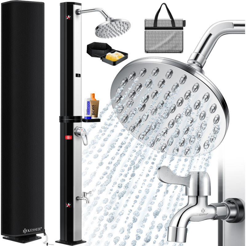 Solardusche 35 Liter Solar Gartendusche + Metall-Duschablage warmes Wasser max. 60°C ohne Stromanschluss Pooldusche Camping Schwarz / Silber - Kesser