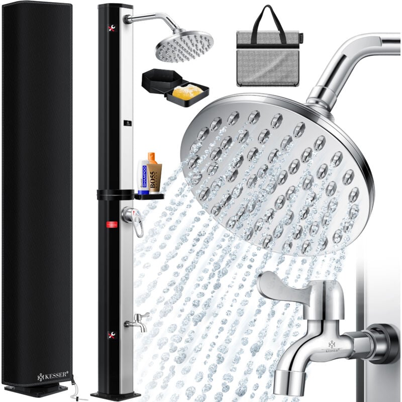 Solardusche 40- 60 Liter Solar Gartendusche warmes Wasser max. 60°C Inkl. Metall-Duschablage & Schutzhaube Pooldusche Camping Regendusche Schwarz /