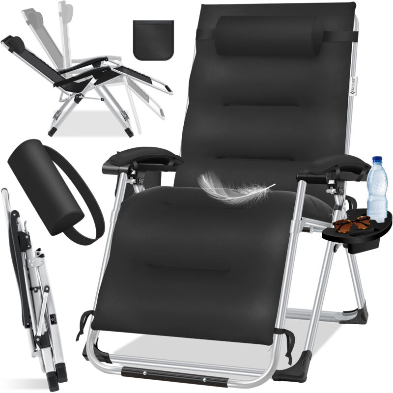 Sonnenliege, Gartenliege & Wetterfest, Belastbar 200kg, verstellbare Rückenlehne inkl. Nackenkissen, Getränkehalter & Armpolster, Schwarz - Kesser