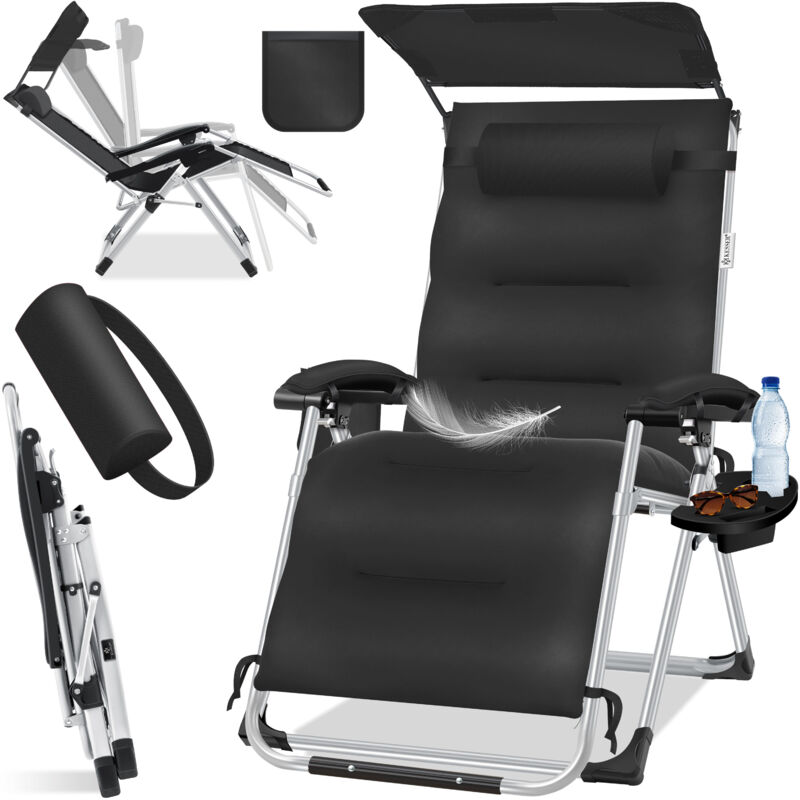 Sonnenliege, Gartenliege & Wetterfest, Belastbar 200kg, verstellbare Rückenlehne inkl. Nackenkissen, Getränkehalter & Armpolster, Schwarz, (Mit