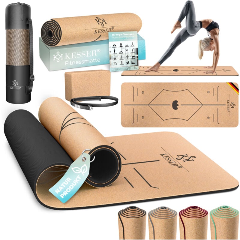 Kesser - Yogamatte Kork Inkl. Tragegurt Tasche & Yoga-Block Gymnastikmatte Yoga Matte rutschfest aus Naturkautschuk tpe Fitnessmatte Schwarz