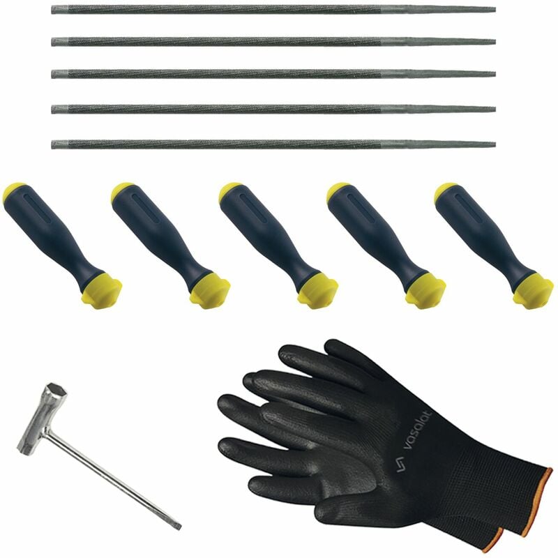 Feilenset für Kettensäge - 5-teiliges Feilenset - Feilen für Sägekette - jeweils mit Feilenheft + Kombischlüssel für Motorsäge