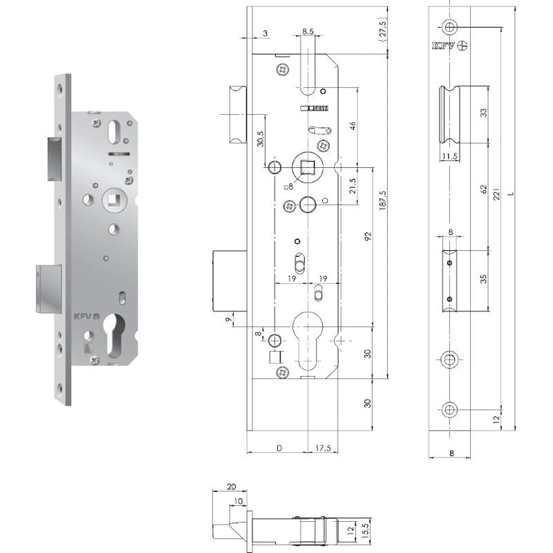 KFV - RR-Schloss 49N, dm 30mm, din 92, Flachstulp 16x245mm verzinkt, Nuss 8mm