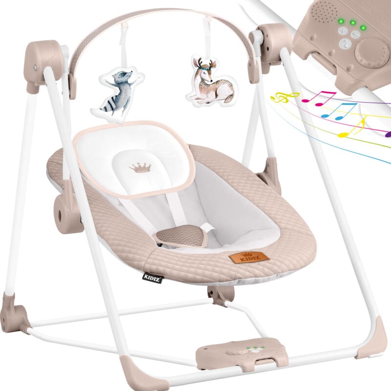 Babywippe Babyschaukel mit 5 Geschwindigkeitseinstellungen zusammenklappbarer Baby Wippe Schaukel Babyhochstuhl mit Spielbogen Spielzeugen Beige