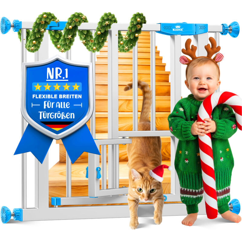 Kidiz® Türschutzgitter Absperrgitter Treppengitter Kindergitter mit Türe für Hunde und Katzen Haustier ohne Bohren erweiterbar kombinierbar Blau /