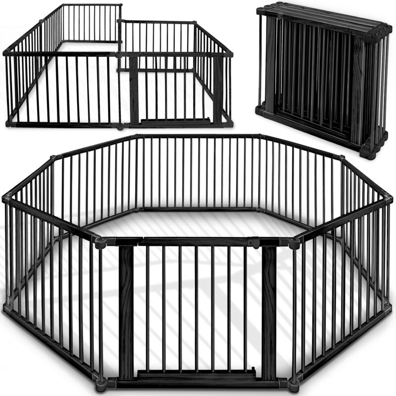 KIDUKU® 7,2 Meter Laufgitter schwarz XXL klappbar inkl. Tür, bestehend aus 8 Elementen, individuell formbar Laufstall Absperrgitter