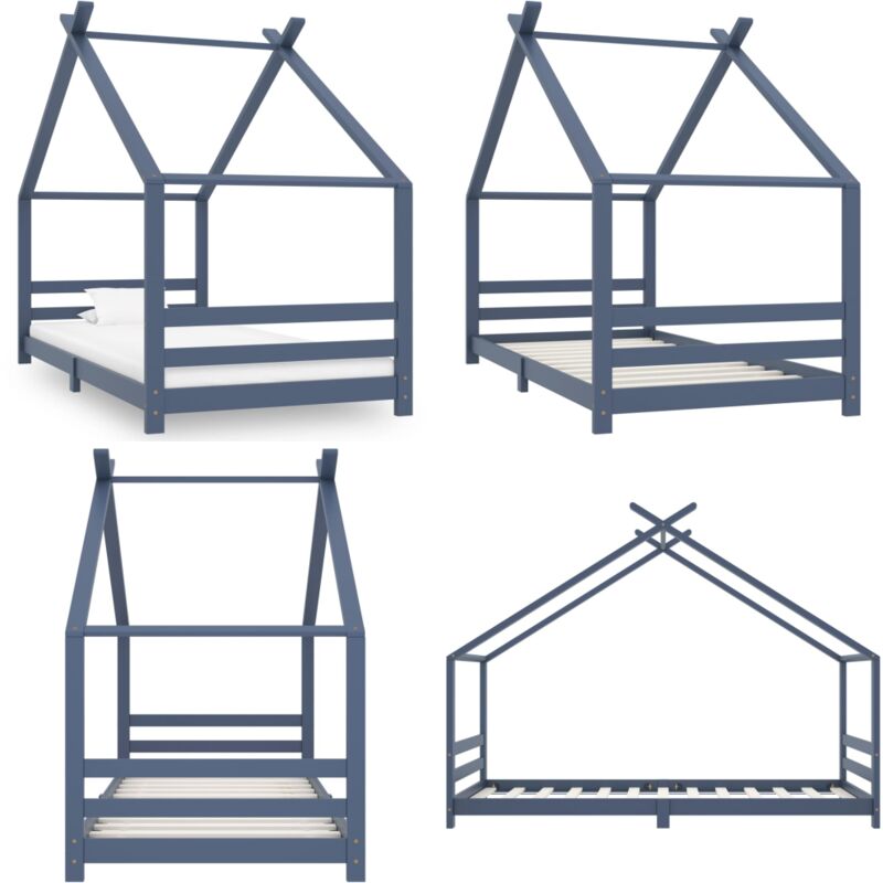 Kinder-Bettgestell Grau Massivholz Kiefer 90x200 cm - Holz Kinderbett - Baumhaus Bett - Kinderzimmer Dekoration - Jugendzimmer Möbel - Betten Für