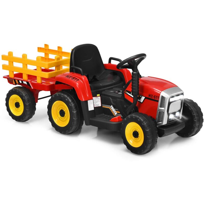 Goplus - Kinder Elektrischer Traktor mit Anhaenger, 3-Gang Elektrofahrzeug mit Fernbedienung, 12 v Elektroauto, LED-Licht & Musik, 30 kg
