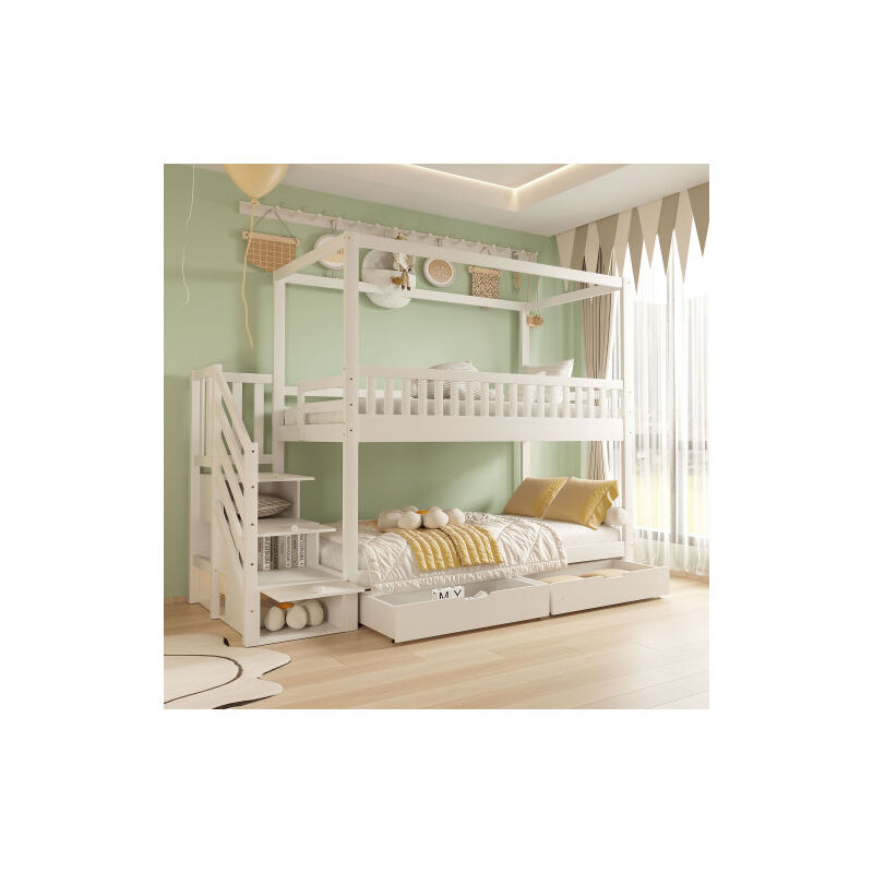 Etagenbett, 90x200 cm, Kinder-Doppelbett, Bett mit Schubladen, Absturzsicherung und Ablagestufen, Kiefernholz, weiß, ohne Matratze