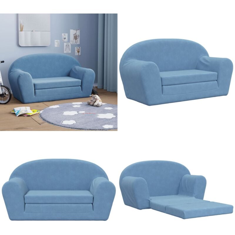 Kinder-Schlafsofa 2-Sitzer Blau Weicher Plüsch - Kinder Couch - Kinder Sofa - Schlafsofa - Kuschelbett - Spielplatz - Home & Living