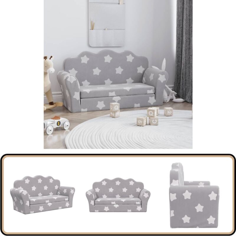 Kinder-Schlafsofa 2-Sitzer Hellgrau mit Sternen Weicher Plüsch - Kinder Couch - Kinder Sofa - Kuschel Sofa - Spielsofa - Beistelltisch