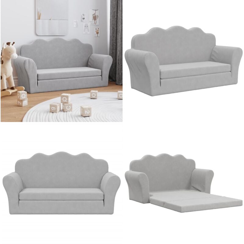 Kinder-Schlafsofa 2-Sitzer Hellgrau Weicher Plüsch - Kinder Couch - Kinder Sofa - Sitzsack Kinder - Kuschelbett - Spielplatz Möbel - Home & Living