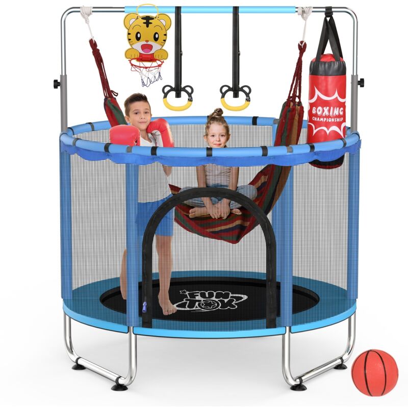 Kinder Trampolin Indoor Mini Trampolin 140cm mit Schaukel, Ring-Set, Basketballkorb & Sicherheitsnetz, bis 200 kg, Blau