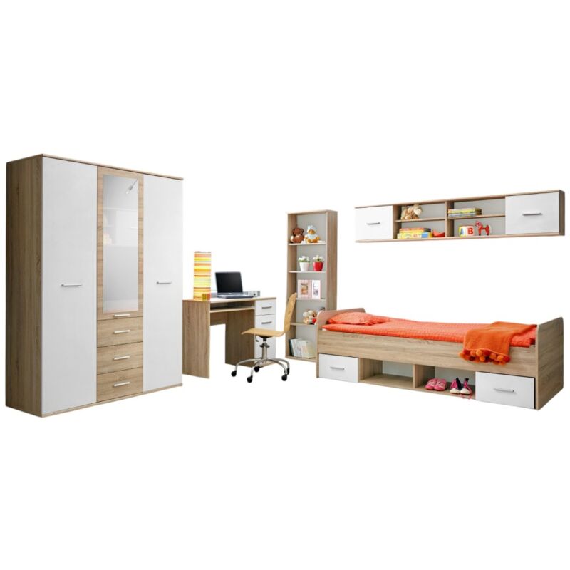 Kinder- und Jugendzimmer denver: Kleiderschrank mit 3 Türen, Bett, Bücherregal, Schreibtisch, Regal