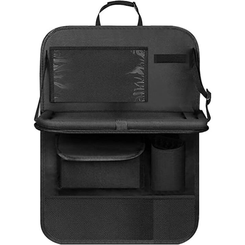 Kinderauto-Organizer, Rücksitzschutz mit transparenter Tasche, Organizer mit Ablage und Tasche für Handy und iPad (schwarz)