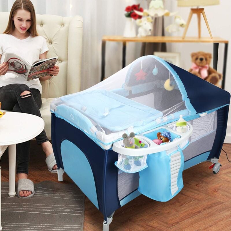 GOPLUS Kinderreisebett Reisebett Klappbett baby Kinderbett Babybett Baby Klappbett faltbar mit Tragetasche Blau