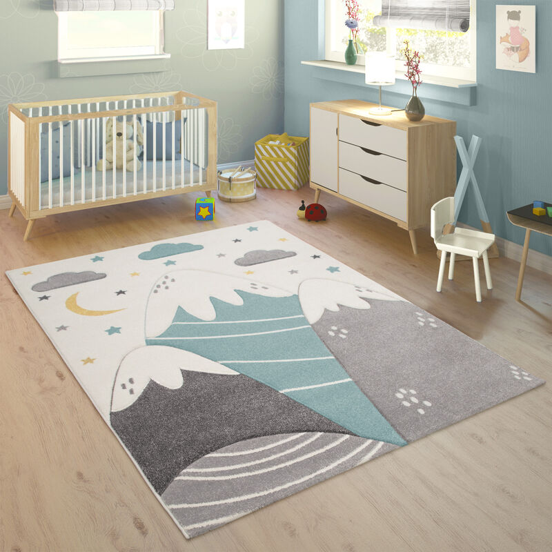 Paco Home - Kinderteppich Kinderzimmer Pastell Blau Grau Berg Mond Sterne Strapazierfähig 80x150 cm