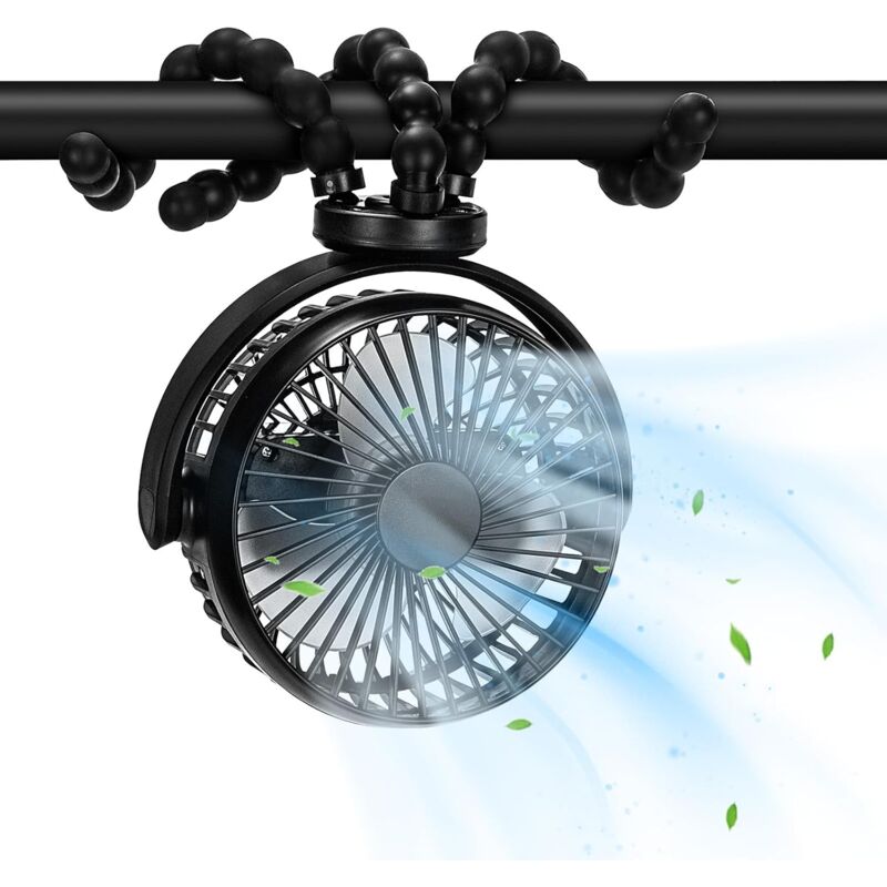 Kinderwagen-Ventilator, 40 Stunden tragbarer Ventilator, 360° drehbarer kleiner Ventilator, 5200 mAh Desktop-Ventilator für Schlafzimmer, Autositz,