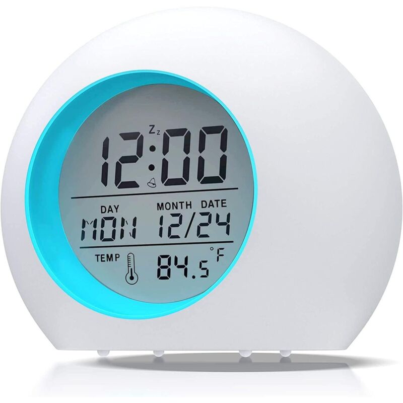 Kinderwecker, LED-Digitalwecker, Kinderuhr, Nachtlicht für Babys, Schüler, 7 Farben, runder Kalender und Thermometer, Snooze-Funktion