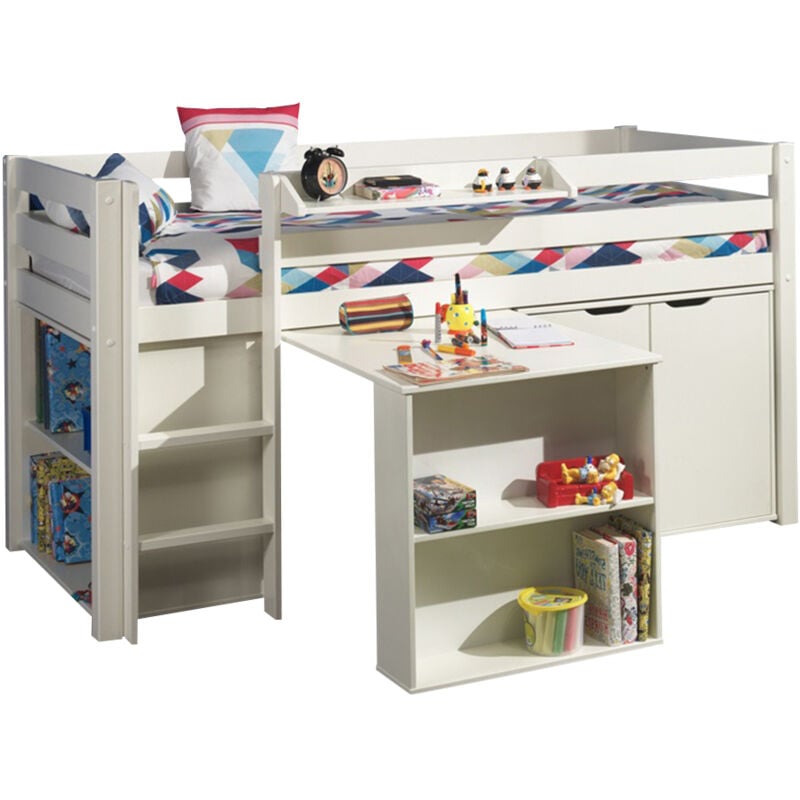 Kinderzimmer Kombination mit Hochbett PINOO-12 incl. Schreibtisch, Regal und Kommode in Kiefer massiv weiß lackiert, b/h/t: ca. 210/114/106 cm