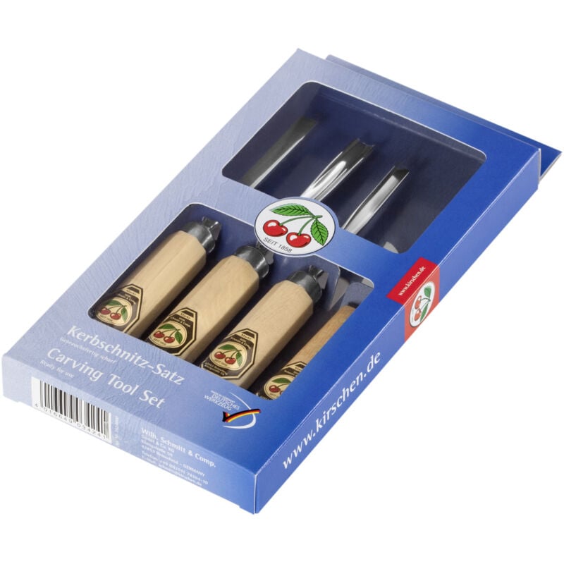 Kirschen - Kerbschnitzsatz, 4-teilig Kerbschnitzbeitel + Schnitzmesser, Beitel