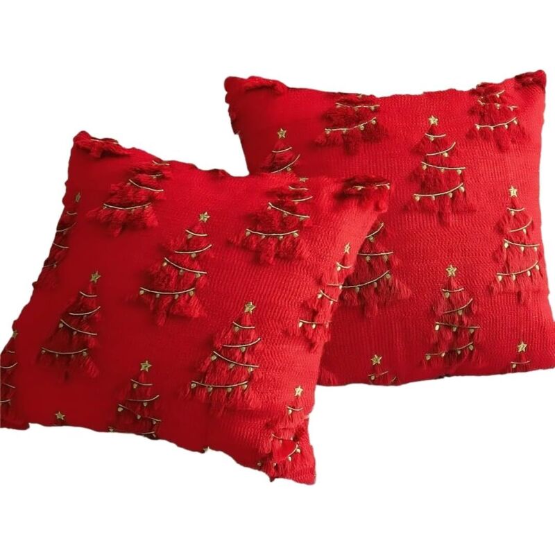 Kissenhüllen mit Weihnachtsbaum-Motiv, 2er-Set, 45 × 45 cm, 3D-Weihnachtsbaum-Design aus Kunstpelz, geeignet für Sofa und Wohnzimmer (Rot, 2 Stück)