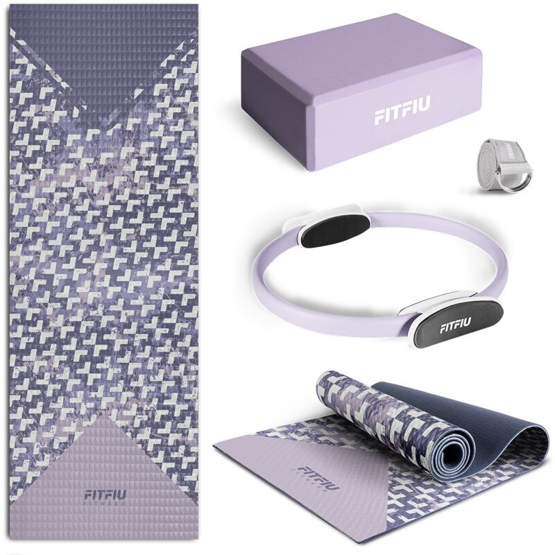 Kit 4 Yoga und Pilates-Zubehör KITWELL-400 lila, Yoga-Matte, Yoga-Block, Pilates-Reifen, Gymnastikband, Yoga Anfänger und Erhöhung der Schwierigkeit