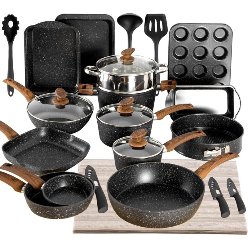 Kitchen Academy Topfset 30-teiliges Induktions-Kochgeschirr-Set mit Glasdeckeln und Granitbeschichtung inkl. Pfannen und Töpfe (Schwarz 30 tlg)