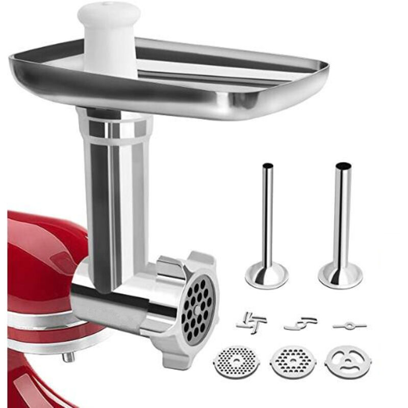 Kitchenaid Fleischwolf-Zubehör, KitchenAid Fleischwolf für Küchenmaschine, mit 3 Mahlplatten und 2 Füllrohren für Kitchenaid Artisan Fleischwolf