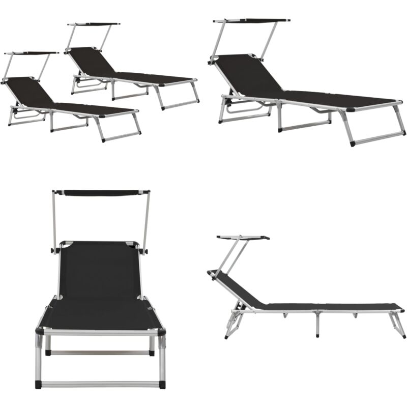 Vidaxl - Klappbare Sonnenliegen mit Dach 2 Stk. Alu Textilene Schwarz - Sonnenliegen - Gartenmöbel - Outdoor Möbel - Liege - Alu-Liege - Home & Living