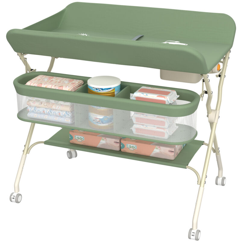 Klappbarer Wickeltisch mit Ablagekorb, Wickeltische mit 4 Rollen, höhenverstellbar, 75x68x83-91cm, Grün