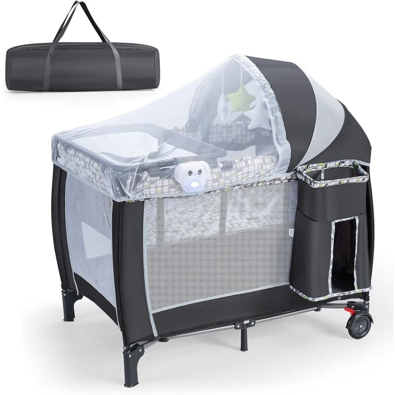 Goplus - Klappbares Reisebett auf Rollen, Babybett mit Wickelauflage und Matraze, Kinderbett mit Spielbogen und Spieluhr, inkl. Tragtasche,
