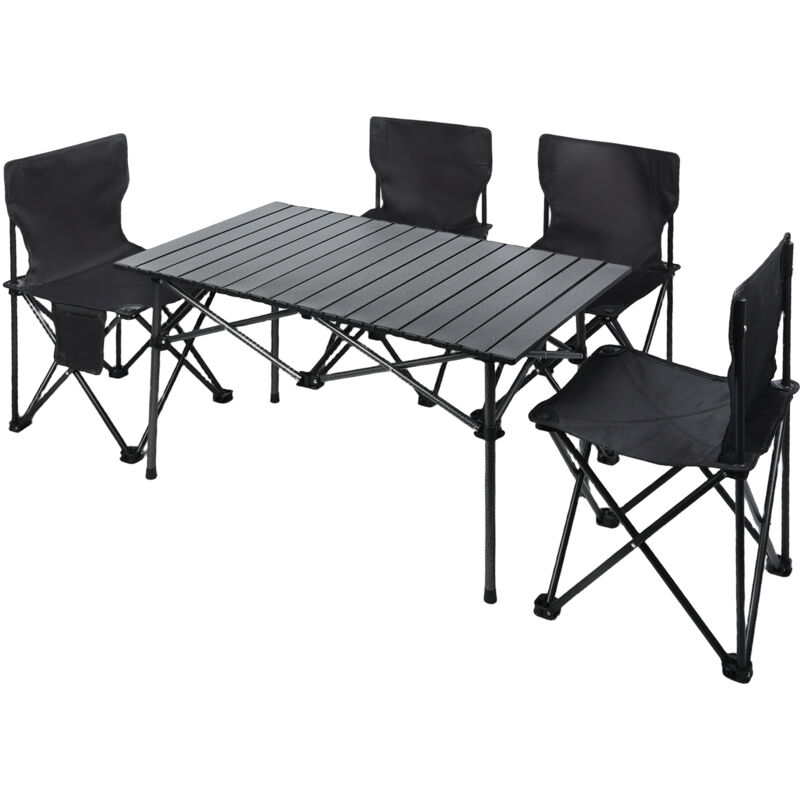 Klappbares Tisch- und Stuhlset für den Außenbereich, Camping, 1 Tisch, 4 Stühle, leicht zu tragen, schwarz.