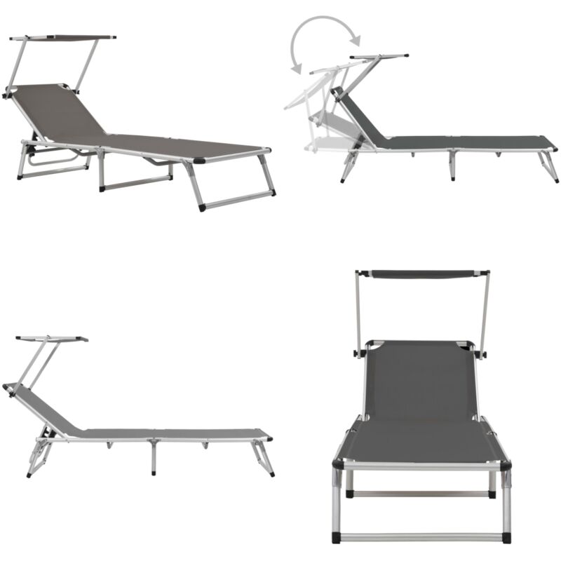 Vidaxl - Klappliege mit Sonnenschutz Aluminium und Textiline Grau - Sonnenliege - Gartenliege - Klappliege - Aluminium Liege - Textilene Liege - Home