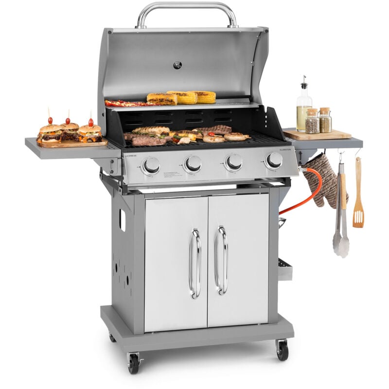 Klarstein - Gasgrill für Camping Balkon Garten, Grill mit 4 Brenner, 14400W Edelstahl-Gasgrill, Outdoor Gasgrill mit Seitenbrenner, Gas Grill für