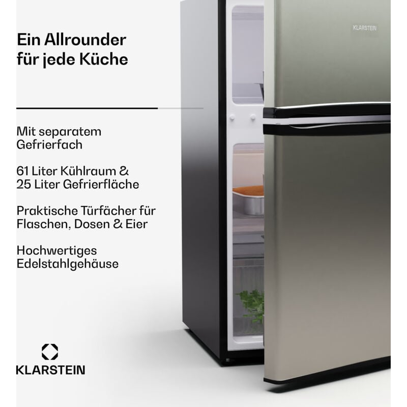 Klarstein Big Daddy - Kühlschrank mit Gefrierfach, Kühl Gefrierkombination, fridge leise, LED, Fassungsvermögen: 86 Liter, Kühlschrank: 61 Liter,