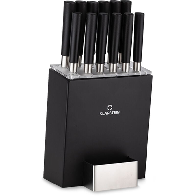 Klarstein Messerblock mit Messer, 12-Teiliges Messer-Set mit Block, Küchenmesser & Holz-Messerblock, Scharfes Stahl-Messerset, Kratzfest, Japanisch
