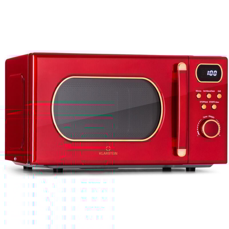 Klarstein Mikrowelle mit Grill, 800 Watt Mikrowelle Klein, 3-in-1Edelstahl-Mikrowelle Rot, Kleine 20 Liter Mikrowelle mit Auftau- und Pizzafunktion,