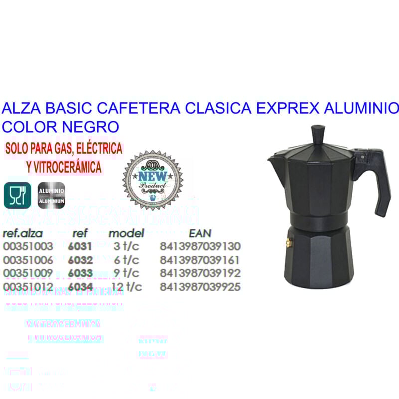 Alza - Klassische Espressomaschine aus schwarzem Aluminium für 6 Tassen Basic 6032