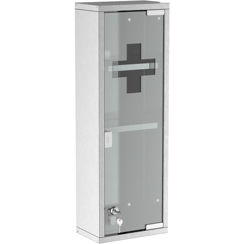 Kleankin - Medizinschrank aus Edelstahl und gehärtete Glastür Arzneischrank zur Medikamenten-Aufbewahrung, Abschließbar Medikamentenschrank mit 3