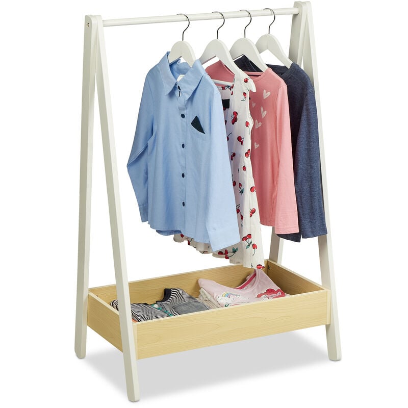 Kleiderständer Kinder, Standgarderobe, HxBxT 99x64,5x42,5 cm, Kleiderstange & Ablage, Kinderzimmer, weiß/natur - Relaxdays