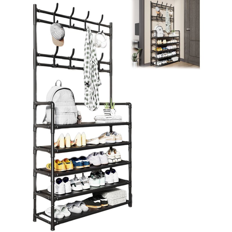 Flasidu - Kleiderstander,Freistehende große Kapazität Schuhe Rack mehrere Haken starke tragende 5 Tiers Hut Mantel Schuhe Lagerung Stand