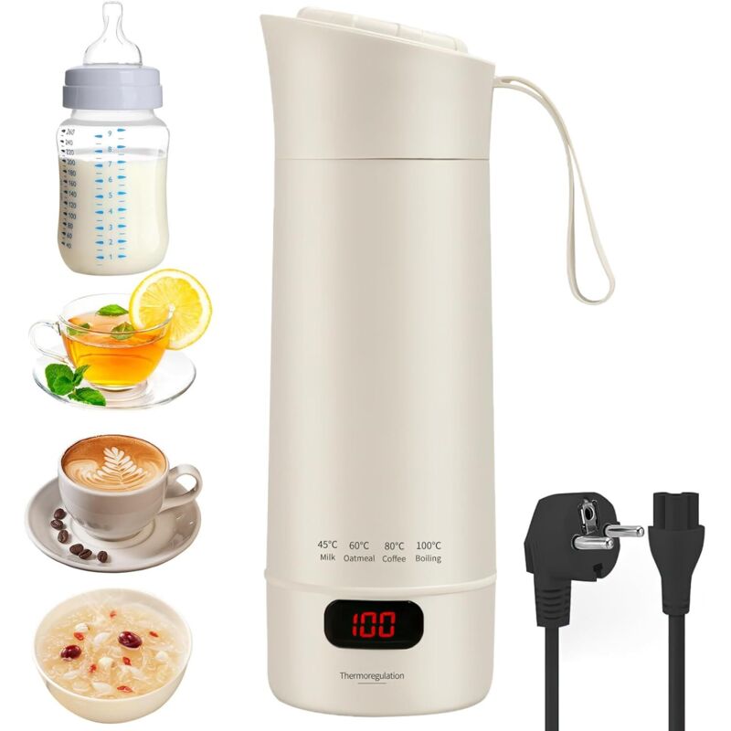 Kleiner Reise-Wasserkocher, 400 ml, tragbarer Mini-Reise-Wasserkocher mit 4 Temperaturstufen, LED-Anzeige, 300 W, Schnellheizfunktion für Tee, Kaffee
